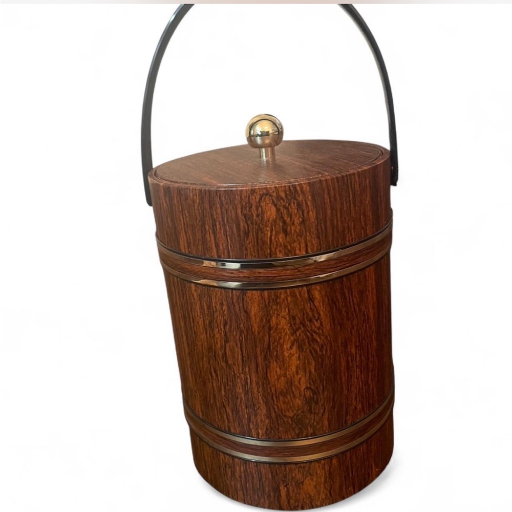 Vintage Mid-Century Modern Elmar MFG Ice Bucket • Woodgrain • 11” x 8”